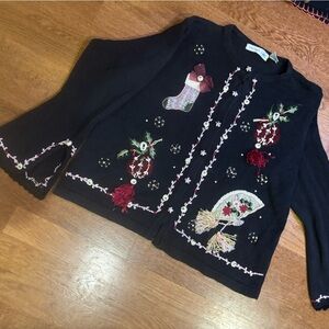 Vintage XL Christmas Sweater Black Beaded Embroidered Flare Sleeves